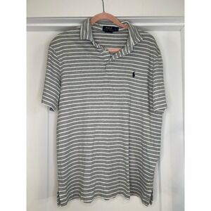 Polo Ralph Lauren Men Grey White Striped Pima Soft Touch Cotton Polo Shirt Large